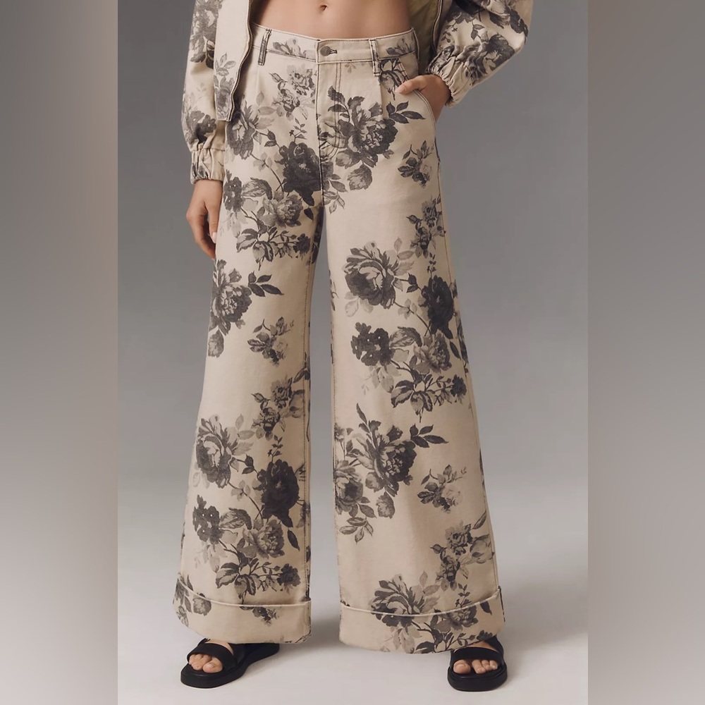 Anthropologie Leon Double Hem High-Rise Wide-Leg Cuffed Jeans Pilcro: Floral L14 - Picture 3 of 10